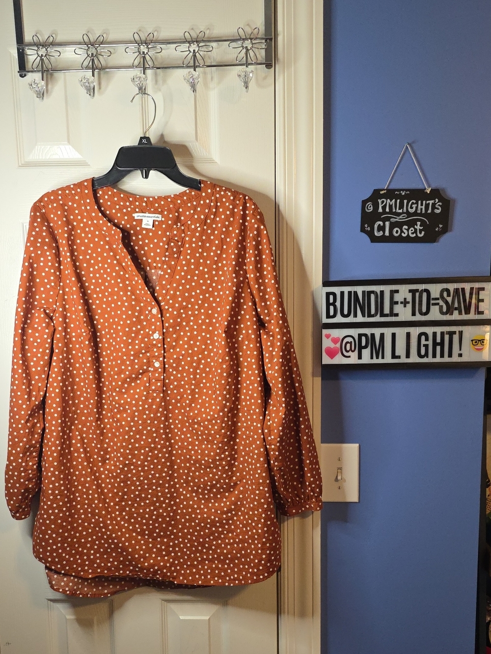 Amazon Essentials Polka Dot Henley Blouse Rust Orange White